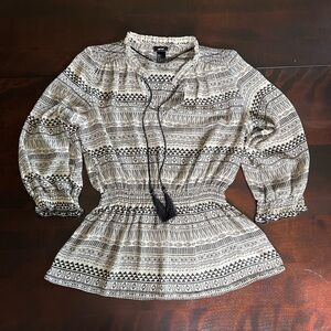 H&M Women’s Black and White Beige Patterned Peplum Blouse Mandarin Collar Size 8